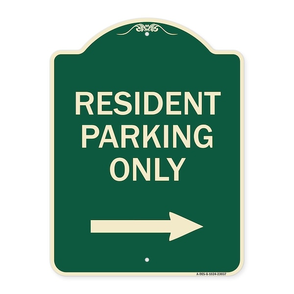 Reserved Parking Resident Parking W/ Right Arrow Heavy-Gauge Aluminum Sign, 24" x 18", G-1824-23037
